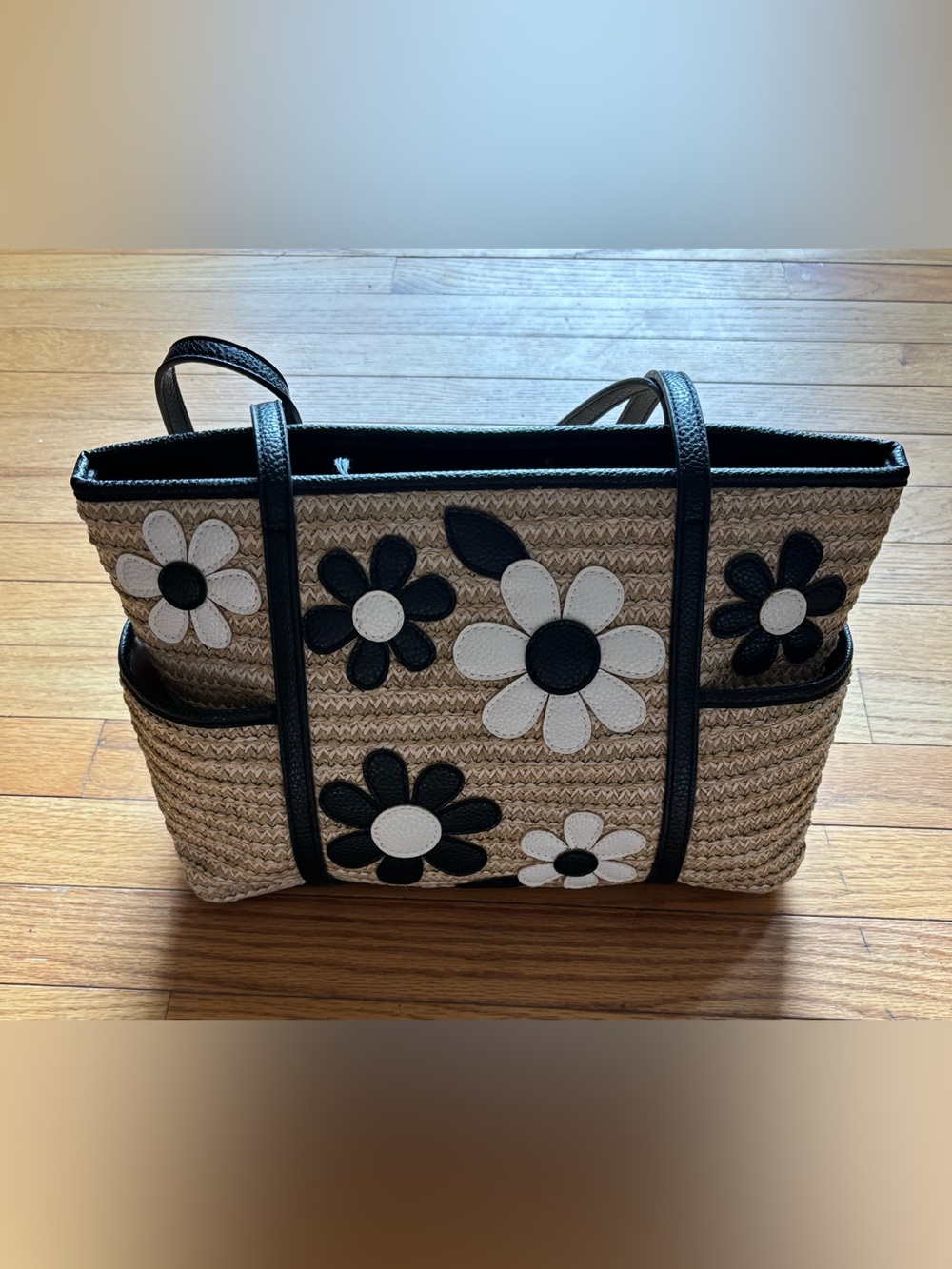 Woven Daisy Tote Bag with Black & White Floral Accents Boho Cottagecore